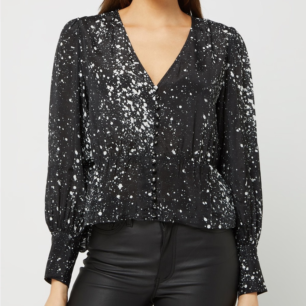 The Kooples Black and White Speckled V-Neck Blouse